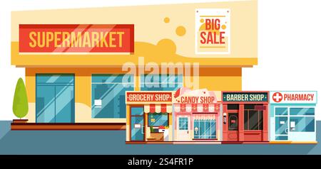 Supermarket and small magazines cityscape, flat style. Modern view vector illustration. Supermarket and small magazines cityscape, flat style Stock Vector