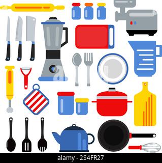 Kitchen equipment for cooking. Vector illustrations set in flat style. Tool kitchen collection, kitchenware and utensil for cooking,. Kitchen equipment for cooking. Vector illustrations set in flat style Stock Vector