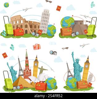 Travel icons and different landmarks. Famous world places isolate on white. Vector illustrations set travel and tourism badge. Vacation world and famous monuments. Travel icons and different landmarks. Famous world places isolate on white. Vector illustrations set Stock Vector