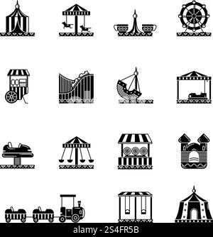 Black icon set of amusement park, carousel and other attractions. Vector illustrations. Carousel and amusement park silhouette. Black icon set of amusement park, carousel and other attractions. Vector illustrations Stock Vector