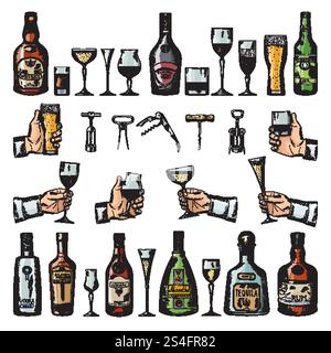 Set of alcoholic symbols. Different drinking glasses, wine bottles and corkscrews. Vector pictures in hand drawn style. Tequila and rum, absinthe and brandy illustration. Set of alcoholic symbols. Different drinking glasses, wine bottles and corkscrews. Vector pictures in hand drawn style Stock Vector