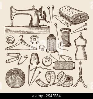Vintage sewing symbols set. Vector pictures in hand drawn style. Vintage craft handmade, needle and pin illustration. Vintage sewing symbols set. Vector pictures in hand drawn style Stock Vector