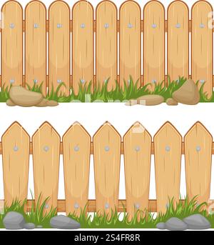 Seamless horizontal backgrounds with wooden fences. Vector cartoon illustrations. Wooden barrier for farm protection. Seamless horizontal backgrounds with wooden fences. Vector cartoon illustrations Stock Vector