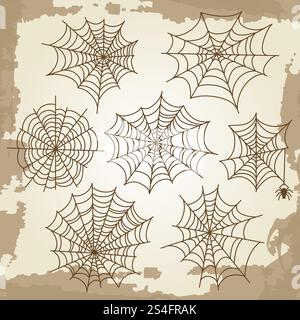 Cobweb set on grunge vintage background. Halloween spider elements. Vector illustration. Cobweb set on grunge vintage background Stock Vector