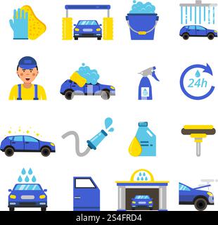 Vector of car washing equipment. Cleaning service for automobiles. Car wash service station illustration. Vector of car washing equipment. Cleaning service for automobiles Stock Vector