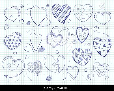 Cute doodle hearts, love ball pen drawn on notebook page. Vector illustration. Cute doodle hearts, love ball pen drawn Stock Vector