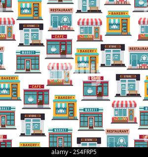 Store fronts seamless pattern - cafe, restaurant, market seamless texture. Vector illustration. Store fronts seamless pattern - cafe, restaurant, market Stock Vector