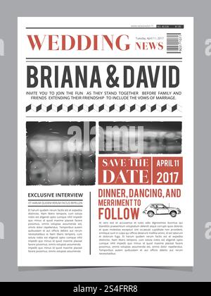 Wedding invitation on newspaper front page. Design vector layout template. Wedding celebration in newspaper title illustration. Wedding invitation on newspaper front page. Design vector layout template Stock Vector