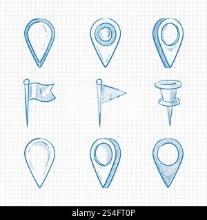 Hand drawn doodle navigation pins on notebook page. Vector illustration. Hand drawn doodle navigation pins Stock Vector