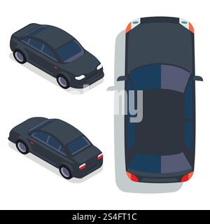 Vector flat style cars in different views. Black sedan illustration. Vector flat-style cars in different views. Black sedan Stock Vector