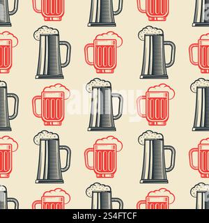 Vintage beer glasses semless pattern. Retro background. Vector flat illustration. Vintage beer glasses semless pattern Stock Vector