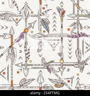 Seamless patterns with indian arrows. Hand drawn vector hippie illustration. Ethnic tribal indian hand drawing pattern. Seamless patterns with indian arrows. Hand drawn vector hippie illustrations Stock Vector