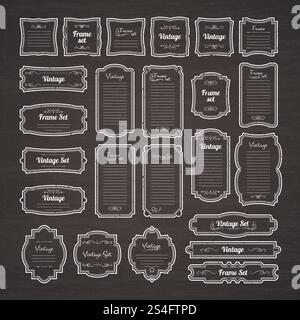 Vintage beautiful borders isolate on black chalkboard. Vector illustration. Ornament frame retro, banner menu template. Vintage beautiful borders isolate on black chalkboard. Vector illustration Stock Vector