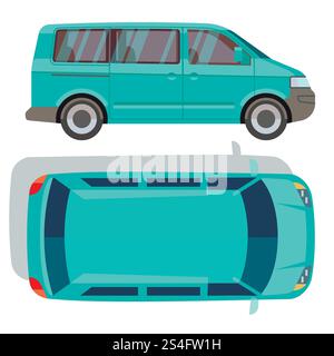 Vector flat-style cars in different views. Blue minivan car illustration. Vector flat-style cars in different views. Blue minivan Stock Vector