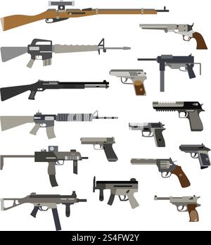 Different automatic weapons. Vector of guns and pistols. Military rifle and revolver, machine gun illustration. Different automatic weapons. Vector illustration of guns and pistols Stock Vector