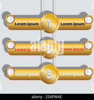 Gold banner infographic with 3 steps. Can be used as the site menu as brochure for infographics, business brochure, presentation. Stock Vector
