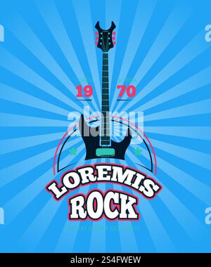 Retro rock music club, shop, sound record studio vector logo, badge with guitar on sunburst background illustration. Rock music club, shop, sound record studio vector logo, badge Stock Vector