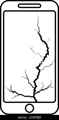Smartphone with crack on display Broken modern mobile phone Shattered smartphone screen Phone with broken matrix of screen Cell phone with cracked touch screen in bottom Broken glass telephone icon black color outline vector illustration flat style simple image. Smartphone with crack on display Broken modern mobile phone Shattered smartphone screen Phone with broken matrix of screen Cell phone with cracked touch screen in bottom Broken glass telephone icon black color outline vector illustration flat style image Stock Vector