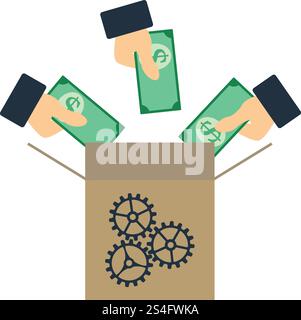 Crowdfunding Icon. Hands Put Money in Crowdfunding Box. Flat color design. Startup series. Vector illustration. Stock Vector