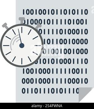 Fast Development Icon. Sheet With Binary Code and Stopwatch in Front. Flat color design. Data series. Vector illustration. Stock Vector