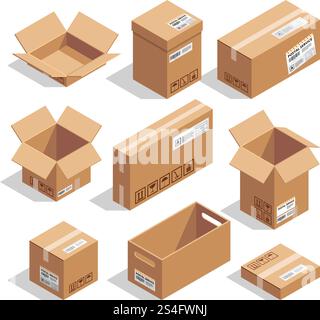 Opening and closed cardboard boxes. Isometric cardboard box open and closed for delivery and packaging illustration set vector. Opening and closed cardboard boxes. Isometric illustration set Stock Vector