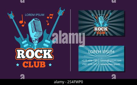 Vintage rock music club logo, emblem, badge and business card with retro music logo with sunburst background. Vector illustration. Vector vintage rock music club logo, emblem, badge and business card with retro music logo with sunburst background Stock Vector