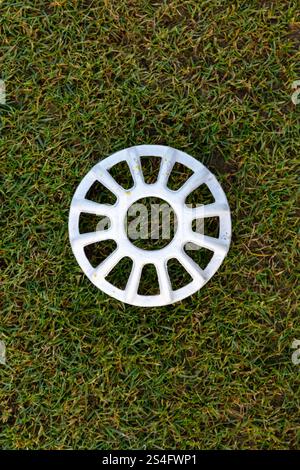 White golf tee marker from above with grass background Stock Photo