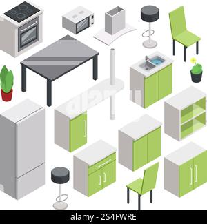3d room design. Vector isometric furniture set for kitchen. Interior isometric for kitchen or dining room. Vector illustration. 3d room design. Vector isometric furniture set for kitchen Stock Vector