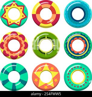 Lifeguard swimming rings in different colors. Vector illustrations of inflatable toys. Rubber ring toy for swim water. Lifeguard swimming rings in different colors. Vector illustrations of inflatable toys Stock Vector
