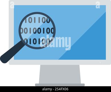 Data Analysing Icon. Magnifying Glass With Binary Code in Front of Monitor. Flat color design. Data series. Vector illustration. Stock Vector