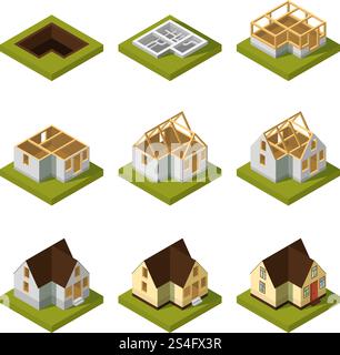 Visualization of modern building on different construction stages. Isometric construction urban building house vector illustration. Visualization of modern building on different construction stages. Isometric vector illustration Stock Vector