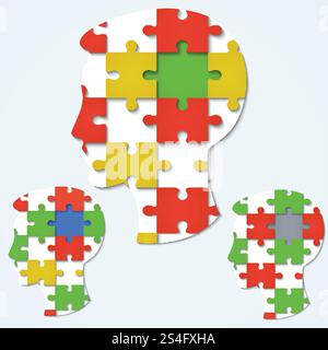 Set of images of a human face in the form a jigsaw puzzle with colored parts. Business concept Stock Vector