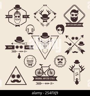 Hipsters badges templates with place for your text. Vector icons set labels hipster with mustache and head of deer illustration. Hipsters badges templates with place for your text. Vector icons set Stock Vector