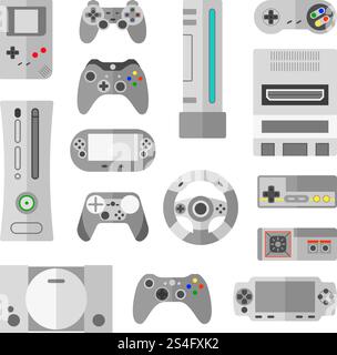 Computer console with game controllers for video games. Collection of controller for video game, joystick with button control gaming. Vector illustrations in cartoon style. Computer console with game controllers for video games. Vector illustrations in cartoon style Stock Vector