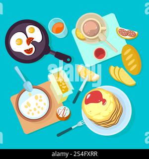 Fresh healthy breakfast food and drinks top view. Egg and sandwich, cereal, bread and butter, milk flat vector illustration isolated on blue backgraund. Fresh healthy breakfast food and drinks top view isolated on blue backgraund Stock Vector
