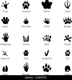 Black footprints shapes of animals. Elephant, leopard, reptile and tiger. Different steps animals frog and rhino, swan and hippo, crocodile and turtle illustration. Black footprints shapes of animals. Elephant, leopard, reptile and tiger. Different steps Stock Vector