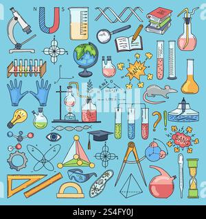Colored items of science biology and chemical. Vector hand drawn illustrations. Equipment for laboratory flask and microscope for experiment and test. Colored items of science biology and chemical. Vector hand drawn illustrations Stock Vector