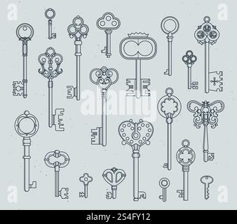 Antique keys set. Hand drawn medieval vector illustrations of old objects isolate on white. Collection of outline retro keys. Antique keys set. Hand drawn medieval vector illustrations of old objects isolate on white Stock Vector