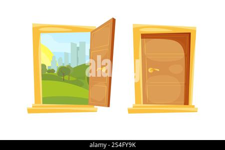 Closed and opened door with sunset landscape behind. Door entrance open and view to sky with sun and urban green park illustration. Closed and opened door with sunset landscape behind Stock Vector