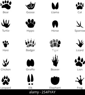 Different footprints of birds and animals. Vector monochrome pictures on white background. Animal footprint track, black silhouette footprints illustration. Different footprints of birds and animals. Vector monochrome pictures on white background Stock Vector