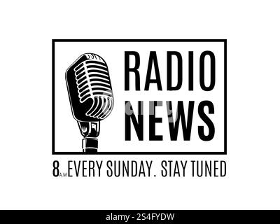 Vector radio news logo with microphone in frame isolated on white background illustration. Vector radio news logo with microphone isolated Stock Vector