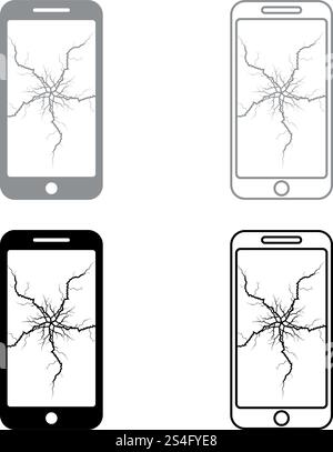 Smartphone with crack on display Broken modern mobile phone Shattered smartphone screen Phone with broken matrix of screen Cell phone with cracked touch screen in center Broken glass telephone icon set black grey color vector illustration flat style simple image Stock Vector