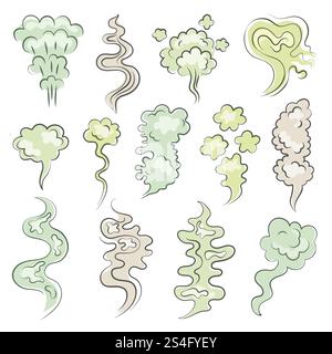 Different aroma clouds of vapor. Cartoon smells and stench. Smoke and stream aroma, green cloud effect evaporation. Vector illustration. Different aroma clouds of vapor. Cartoon smells and stench Stock Vector