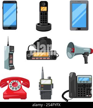 Different telephones, smartphones and other business communication tools. Vector contact symbols loudspeaker and portable radio illustration. Different telephones, smartphones and other business communication tools. Vector contact symbols Stock Vector