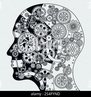 Human head with clock mechanism and different cogwheels. Vector hand drawn illustrations in steampunk style. Head gear with cogwheel mechanism. Human head with clock mechanism and different cogwheels. Vector hand drawn illustrations in steampunk style Stock Vector