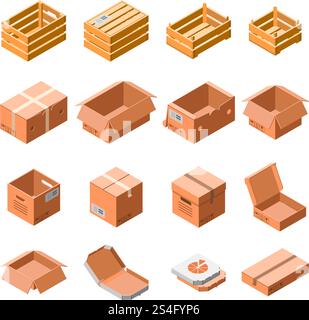 Packing box icon set. Isometric 3d set of packing box vector icons for web design isolated on white background. Packing box icon set, isometric 3d style Stock Vector