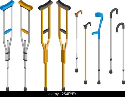Injury crutches icon set. Isometric set of injury crutches vector icons for web design isolated on white background. Injury crutches icon set, isometric style Stock Vector