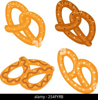 Salt pretzel icon set. Isometric set of salt pretzel vector icons for web design isolated on white background. Salt pretzel icon set, isometric style Stock Vector