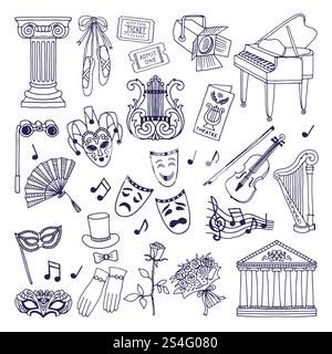 Theatre illustrations set. Opera and ballet vector symbols isolate on white. Ballet and opera theater, performance music in theatre. Theatre illustrations set. Opera and ballet vector symbols isolate on white Stock Vector