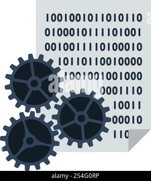 App Development Icon. Sheet  With Binary Code And Gears. Flat color design. Data series. Vector illustration. Stock Vector